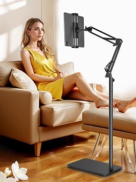 Lucky Trip Tablet Floor Stand with Double Heavy Duty Stable Base Never Tip Over, Adjustable Height Swivel Overhead Bed Tablet Phone Stand Holder for iPad, Kindle, Galaxy Tab, Cell Phones(4.7''-13'')
