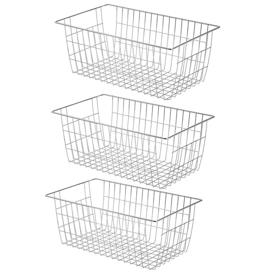 Slideep Wire Baskets Farmhouse Freezer Organizer Storage Bin Basket with Handles, Food Storage for Kitchen Cabinets, Pantry, Closet, Bedroom, Bathroom, Office 3 Pack