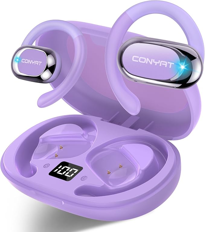 Open Ear Headphones, Wireless Bluetooth 5.4 Earbuds with Big Earhooks, Ultra-Comfort Open Ear Earbuds, 58 Hours HD Stereo Sound Over Ear Earphones, IP7 Waterproof Headset for Workouts, Deep Purple