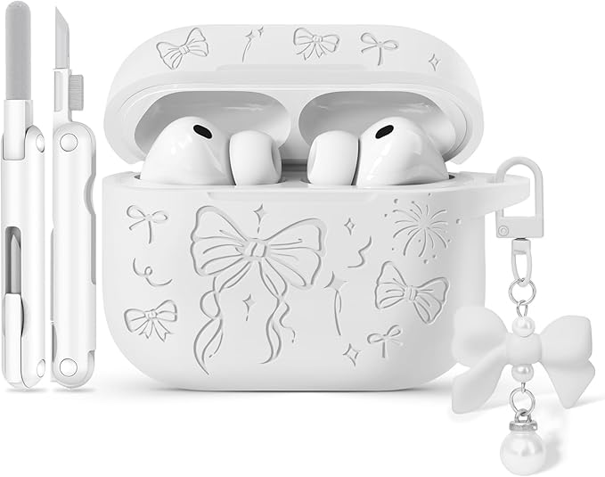 for Airpods Pro 3 Case Cover, Joremx Cute Bow Engraved Silicone Protective Case Cover with Keychain, Cleaner Kit for Airpods Pro 3rd Generation (2025) (White)