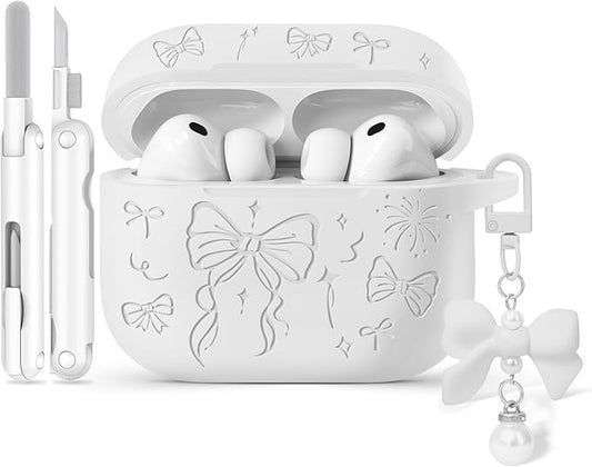 for Airpods Pro 3 Case Cover, Joremx Cute Bow Engraved Silicone Protective Case Cover with Keychain, Cleaner Kit for Airpods Pro 3rd Generation (2025) (White)