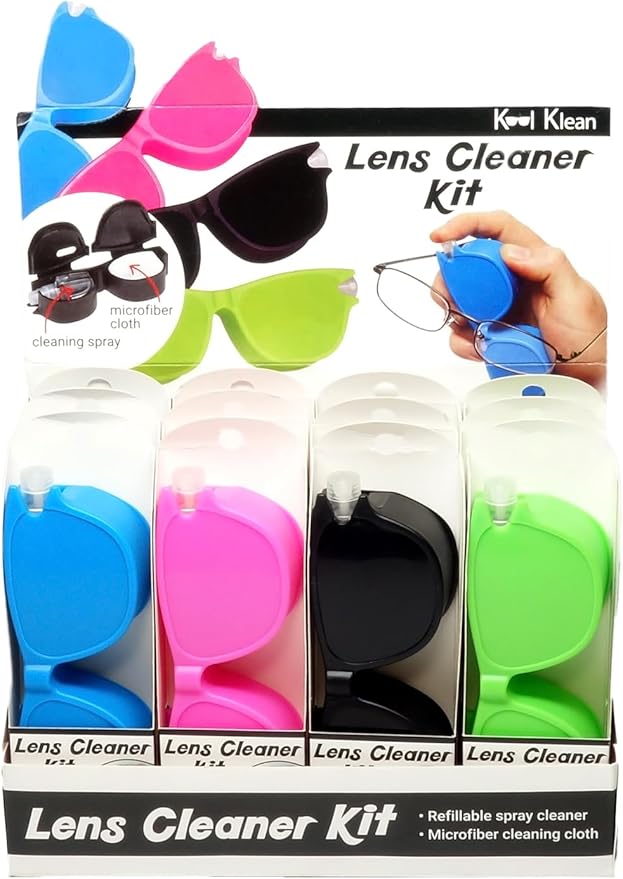 Calabria Kool Klean 12 Pack Eyeglasses Lens Cleaner Kit Pink/Blue/Green/Black 15ml Cleaning Spray, Microfiber Cleaning Cloth