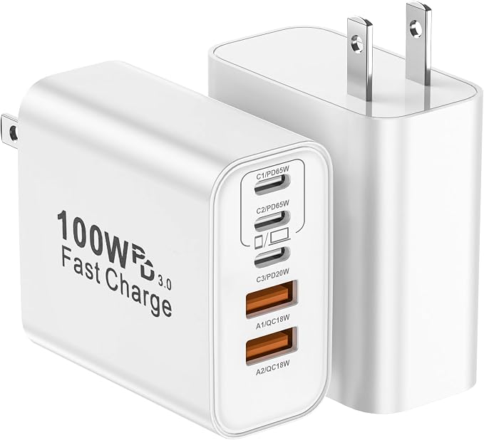 USB C Charger Block, 2-Pack 100W 5-Port USB C Wall Charger iPhone Charger Fast Charging PD Power Adapter+QC Wall Plug Multiport Type C Brick Chargers for iPhone 17 16 15 14 13 Pro Max,Samsung,MacBook