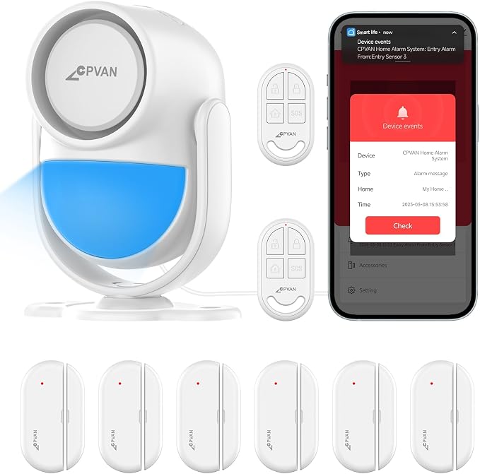 CPVAN Home Alarm System with PIR Motion Sensor, WiFi Wireless DIY Smart Door/Window Alarm for Home Security with Phone APP Alert 9 Pieces-Kit (Indoor PIR Alarm Host, 6 Door Sensors, 2 Remotes)