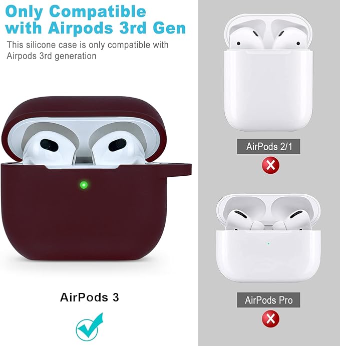 Silicone Compatible with AirPods 3 Case 2021, Gawnock Soft Case Compatible with AirPods 3rd Generation Cover for Women Girls with Keychain - Burgundy