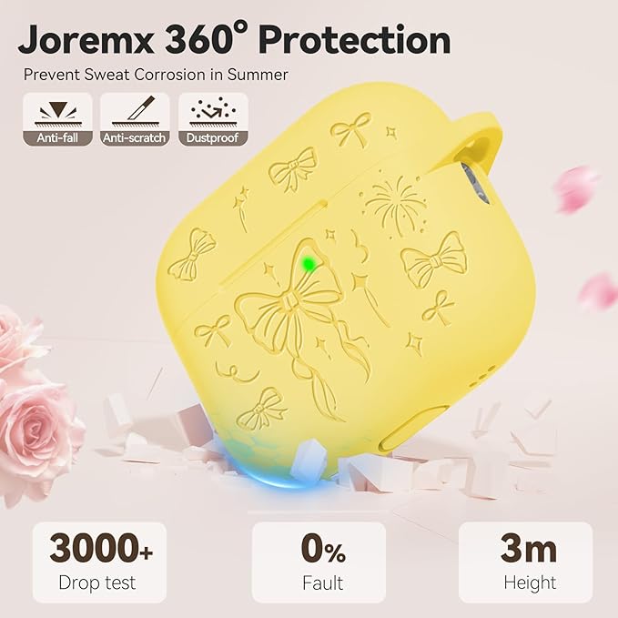 for Airpods Pro 3 Case Cover, Joremx Cute Bow Engraved Silicone Protective Case Cover with Keychain, Cleaner Kit for Airpods Pro 3rd Generation (2025) (Yellow)