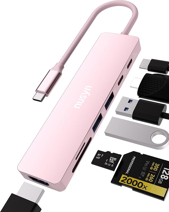 7-in-1 USB C Hub with 4K@60Hz HDMI, 2 USB-A, 1 USB-C, 100W PD Charging, SD 3.0 /TF 3.0 Card Reader, Compatible with MacBook Pro/Air/Neo, iPad Pro, iMac, iPhone 15-17 (Blush)