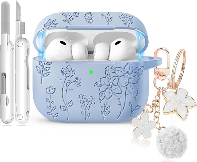 for Airpods Pro 3 Case with Magnetic Lid, Flower Engraved Case Cover Compatible with AirPods Pro 3rd Generation 2025, Soft Silicone Cases with Keychain & Cleaner for Women Girly, Shockproof