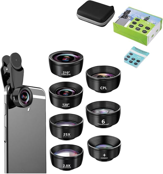 7-in-1 Phone Camera Lens Kit ??210° Fisheye Lens, 120° Wide Angle Lens, 20X Macro Lens for iPhone, Samsung & Android Smartphones ??HD Optical Glass, Universal Clip, Portable Case (Black) (7 in 1)