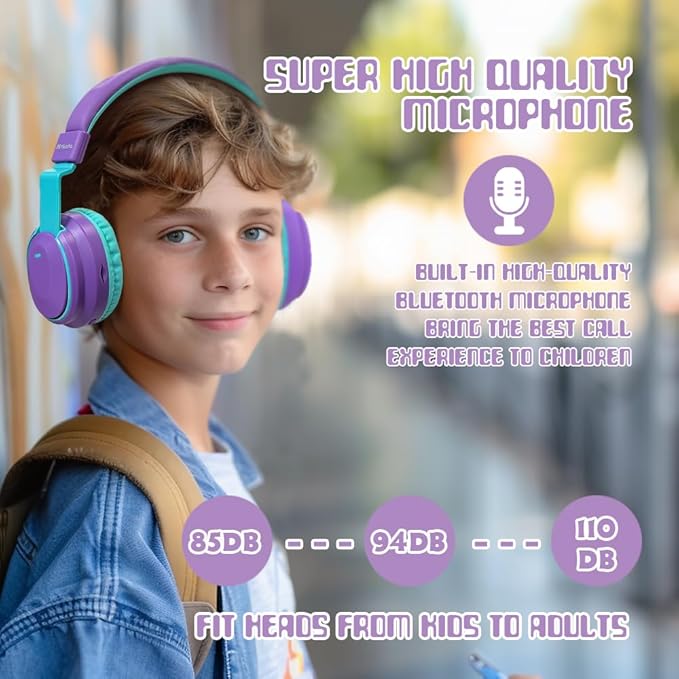 Kids Headphones Bluetooth 5.3 Wireless Lightweight Fast Charging 68 Hours Play Time Volume Limited 85/94dB Over Ear Foldable with Built-in Mic for Toddler Boy Girl Tablet Pad Purple