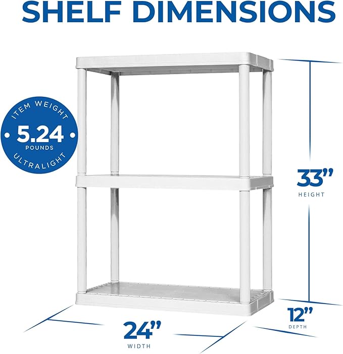 Gracious Living 3 Shelf Fixed Height Solid Light Duty Storage Unit 24 x 12 x 33" Organizer System for Home, Garage, Basement, and Laundry, White