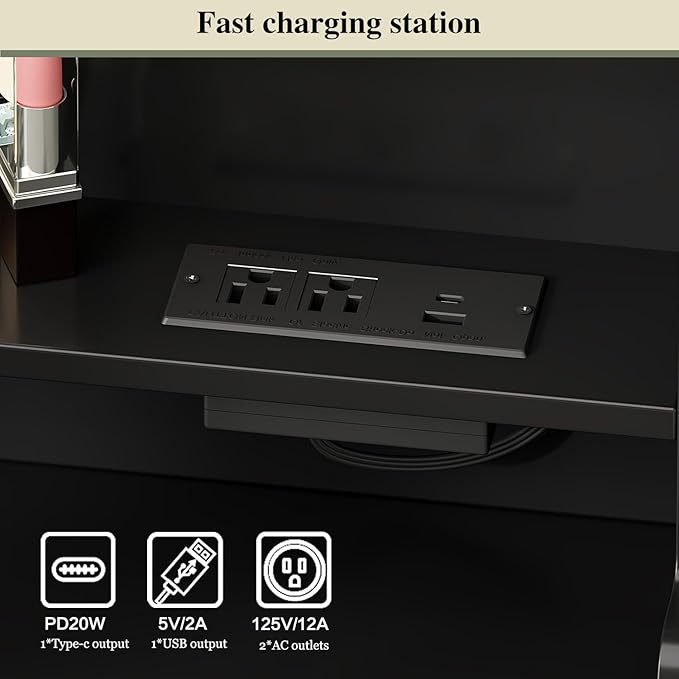 Makeup Vanity Desk with Mirror and Lights, Vanity Desk with 8 Drawers & Storage Shelves, Vanity Table with Power Outlet, 3 Color Modes & Adjustable Brightness Dressing Table, Bedroom,Black