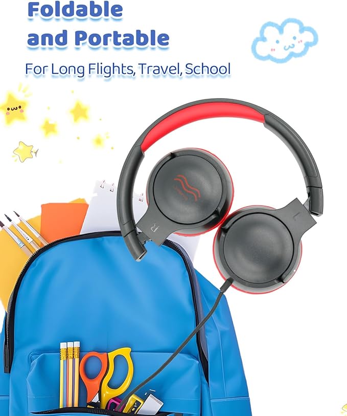Wired Kids Headphones with Mic, Foldable, Volume Control Safe Listening(85/94dB), 3.5mm Jack on-Ear Headset for Chilren/Teens/Easter Day/School/Travel/Plane/Tablet/Laptop,Black-Red