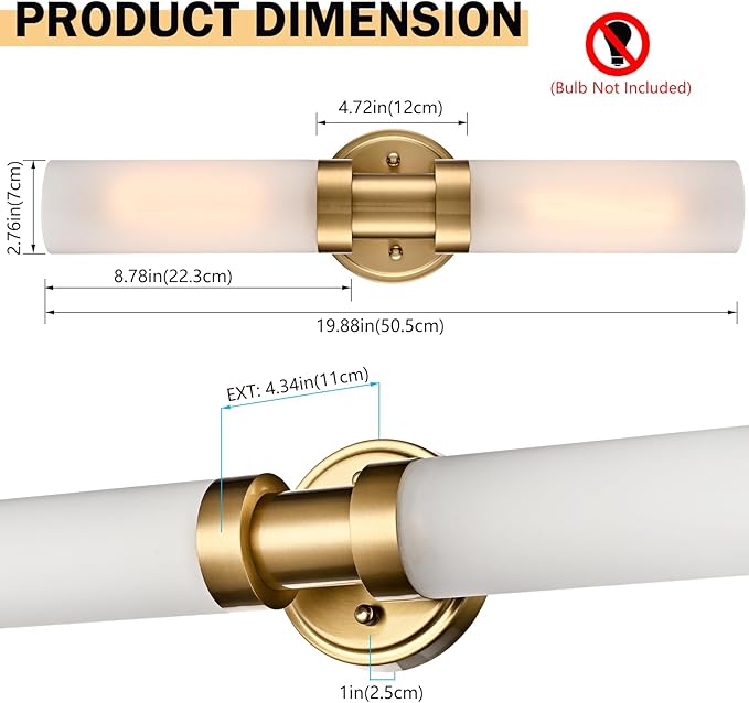 20-Inch Gold Bathroom Light Fixtures Wall Sconce with Frosted Glass Shade Modern 2-Light Cylinder Vanity Lights Brass Glass Sconces Wall Lighting for Living Room Bedroom