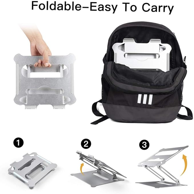 Aluminum Alloy Foldable Laptop Stand Adjustable Height Notebook PC Holder Portable Silver Laptop Support for Home Office and Travel Use