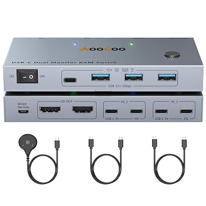 USB-C KVM Switch 2 Laptops 2 Monitors, 4K@60Hz Dual Monitor KVM Switch Sharing 2 Screens and 4 USB3.0 Devices, with 100W PD,Wired Remote Control and USB C Cables