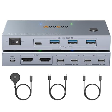 USB-C KVM Switch 2 Laptops 2 Monitors, 4K@60Hz Dual Monitor KVM Switch Sharing 2 Screens and 4 USB3.0 Devices, with 100W PD,Wired Remote Control and USB C Cables