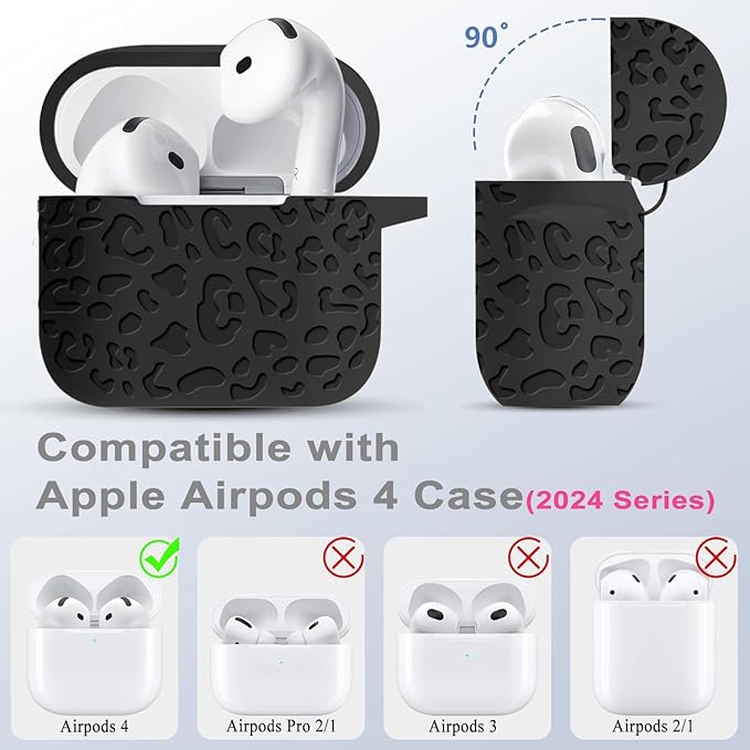 Engraved Leopard Case Compatible with AirPods 4th Generation Carving Cover with Keychain, Skin Soft Cover for Compatible with AirPods 4 Case Full Protection,Front LED Visible, Black