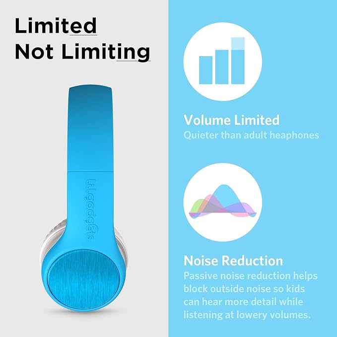 LilGadgets Connect+ Style On-Ear Kids Headphones with Microphone - SharePort Technology, SoftTouch Padding, Detachable Cable, Volume Limiting, Durable & Adjustable - Blue
