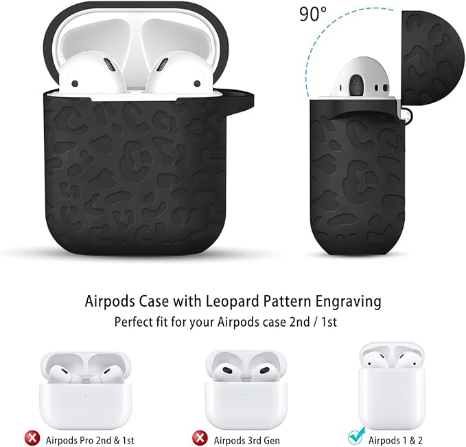 Compatible with Airpods Case Leopard Engraved Skin Cover Compatible with Airpods 2nd/1st Charging Case,Cute Soft Silicone Full Protective, Front LED Visible, Black
