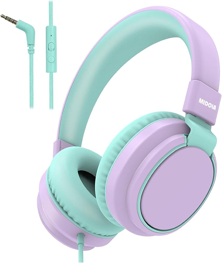 MIDOLA Headphone Kids Volume Limited 85/110dB Wired Over-Ear/On-Ear Foldable Headset with Inline Cable AUX 3.5mm Cord Mic for Boy Girl Child PC Notebook Tablet Light Purple
