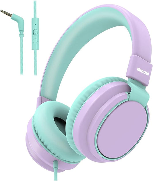 MIDOLA Headphone Kids Volume Limited 85/110dB Wired Over-Ear/On-Ear Foldable Headset with Inline Cable AUX 3.5mm Cord Mic for Boy Girl Child PC Notebook Tablet Light Purple