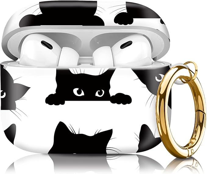 Compatible with Airpod pro 2nd/1st Generation Case Cover with Gold Round Keychain Cute Pattern Hard & Anti Slip Cover for Men Women & Girls（Black cat）