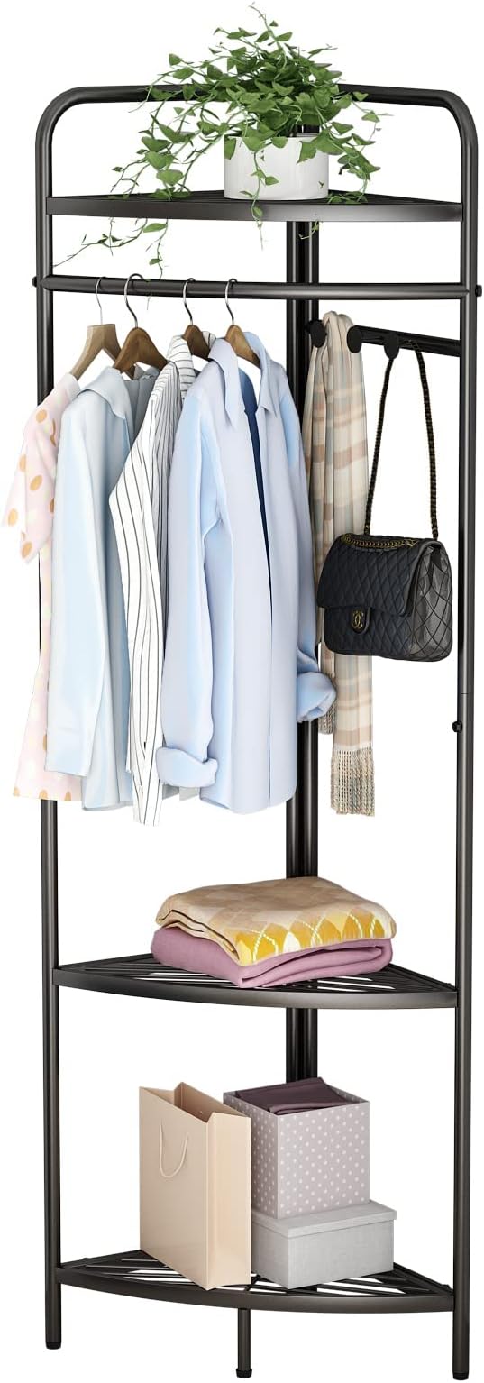 Corner Black Clothing Racks Freestanding, Metal Black Coat Racks with Hooks, Heavy Duty Modern Clothes Rack with 3 Tier Storage Shelves for Home,Bedroom,Living Room