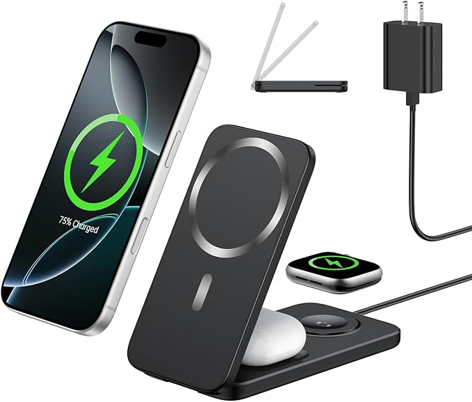3 in 1 Qi2 Magnetic Wireless Charging Station for Apple Devices, Foldable Travel Charger Stand for iPhone 17/16/15/14/13/12 Series, Apple Watch Ultra/10/9/8/7/6/SE & AirPods Pro/4/3