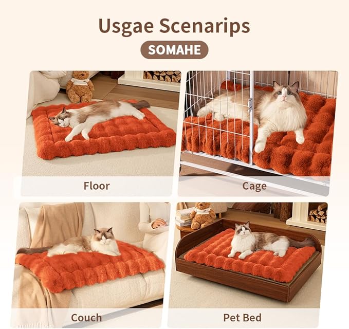 Cat Beds for Indoor Cats Faux Fur Pet Pad Mat Plush Kitten Bed with Non-Slip Bottom for Carriers/Couch Dog & Puppy Friendly 23 x 15 Inch Medium Orange