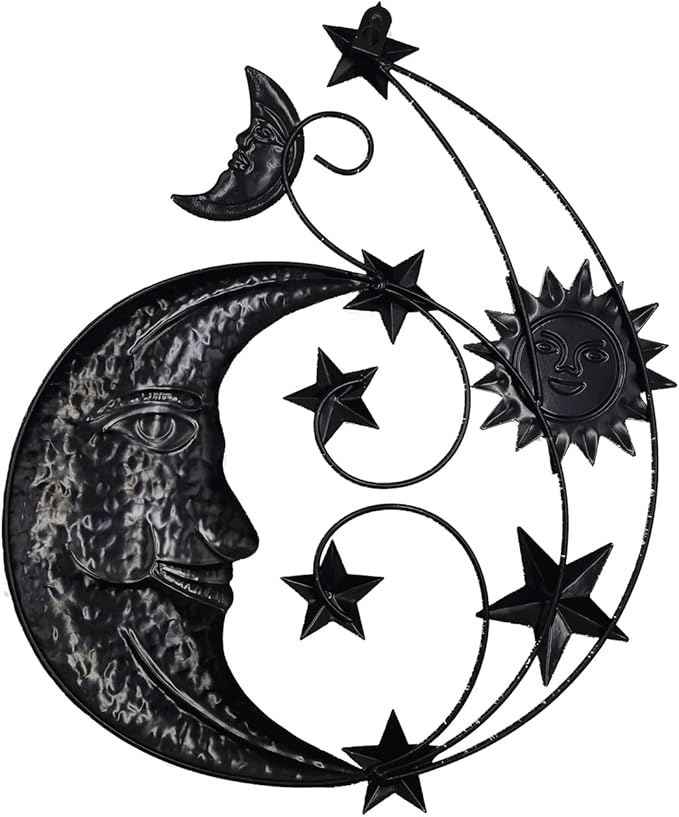 Metal Sun Outdoor Wall Art Decor, Large Size 17'' Sun Face Metal Wall Sculpture with Moon & Stars for Home Wall Decoration Living Room, Bedroom, Outside Decor for Yard, Patio, Garden Fence Deck Pool