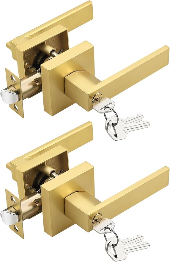 2 Pack Brushed Gold Entry Door Levers with Lock and Key, Satin Brass Keyed Alike Lockset Combo Pack, Entrance Door Handles for Office and Front Door, Door Knobs Lockset (Each with 3 Keys)