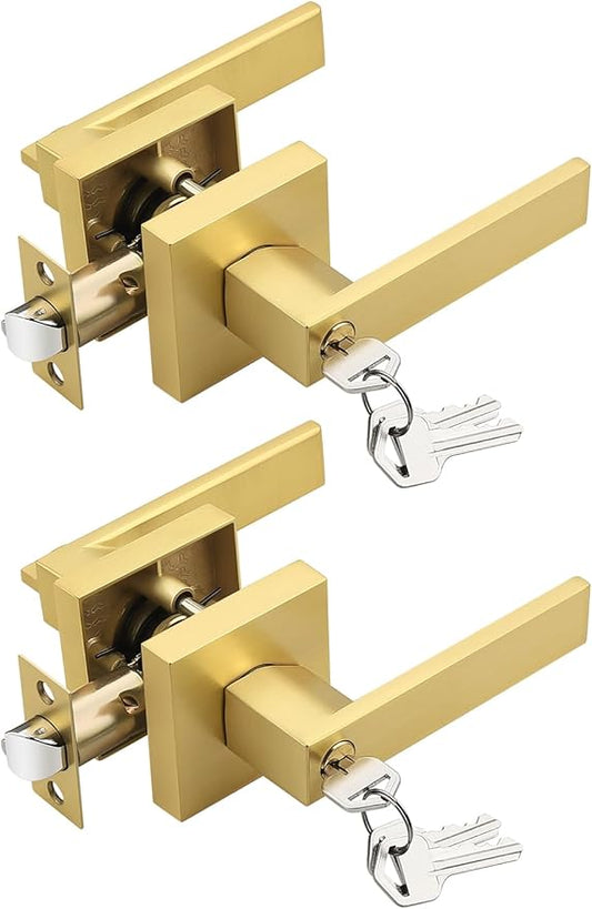2 Pack Brushed Gold Entry Door Levers with Lock and Key, Satin Brass Entrance Door Handles, for Exterior or Interior Doors, Bedroom, Office, Hotel (Each with 3 Keys)