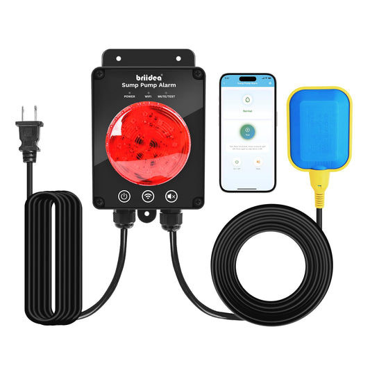 Smart WiFi Sump Pump Alarm, Briidea Indoor/Outdoor High Water Level Alarm, Real-Time Notifications via App, IP67 Waterproof, 110dB Alarm & LED Indicator, Ideal for Basements and Septic Sump Pump