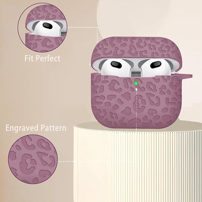 Engraved Case for AirPods 3rd Generation Carving Cover with Keychain, Leopard Skin Soft Cover for Compatible with AirPods 3rd Generation Case Full Protection,Front LED Visible,Smoke Violet