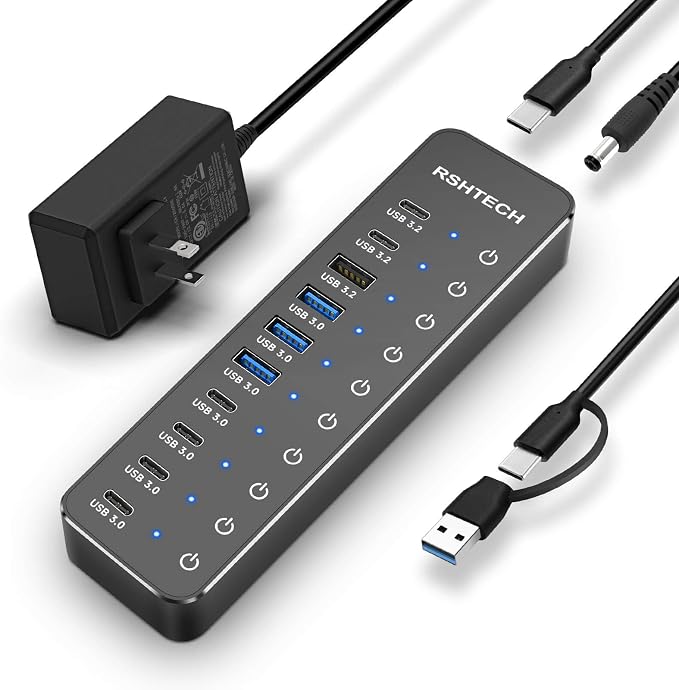 RSHTECH 10-Port Powered USB 3.2/USB C Data Hub Splitter 60W, RSH-ST10C-6 - Image 8