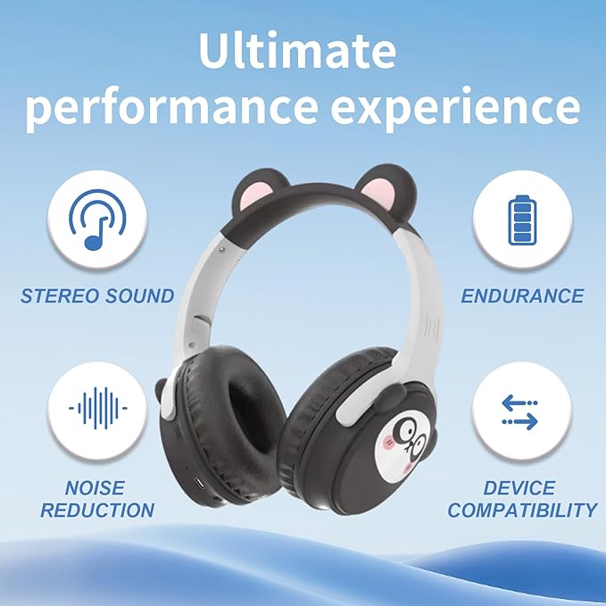 Kids Bluetooth Headphones， 85dB Safe Volume Limit, Stereo，Foldable Cute Up Cat Ear Children，Cartoon Animal Design,Ultra-Soft Over-Ear,Suitable for School & Travel (Black)