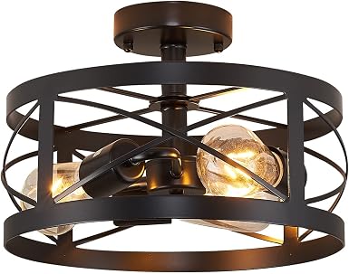 Rustic Industrial 3-Light Semi-Flush Mount Ceiling Light 13" Matte Black Round Lighting Fixtures for Kitchen Island Dining Room Bedroom Farmhouse Foyer Hallway Front Door