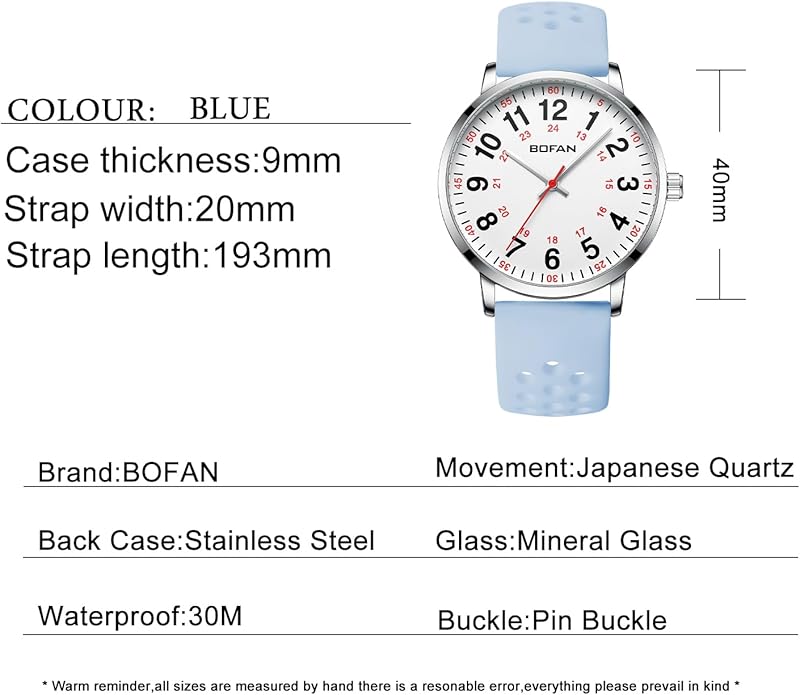BOFAN Nurse Watch for Medical Professionals,Students,Doctors with Easy to Read Dial,Second Hand and 24 Hour,Soft and Breathable Silicone Band,Water Resistant