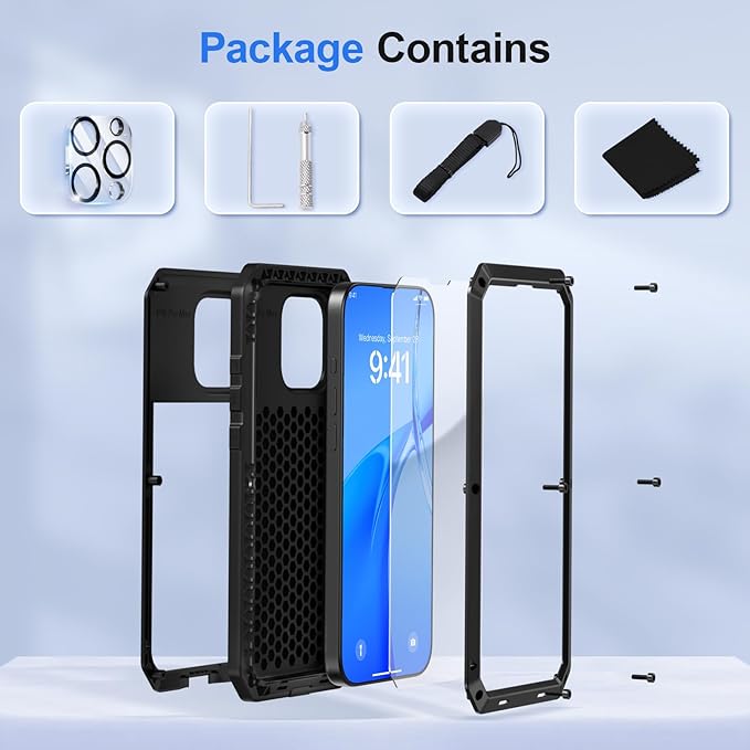 Mitywah Metal Case for iPhone 16 Pro, Heavy Duty Rugged Phone Case Built-in 9H Temperd Screen Protector, Military Grade Full Body Protective Dual Layer Bumper Protective Case for 16 Pro 6.3" Black