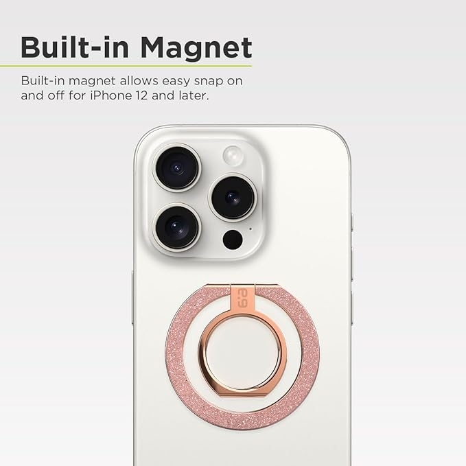 PureGear Magnetic Phone Grip Ring Stand, Magnetic Phone Ring Holder for MagSafe iPhone Air, 17, 17Pro, 17ProMax, 16, 16Pro, 16Plus, 16ProMax,15,14,13,12 Adjustable Kickstand(ChromeRoseGoldPinkGlitter)