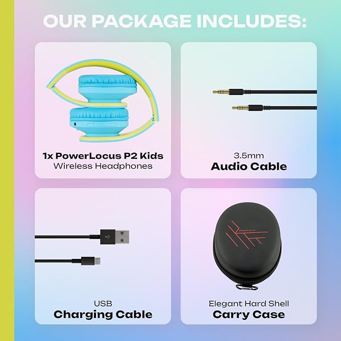 PowerLocus Kids Headphones Over-Ear, Bluetooth Wireless Headphones for Kids,with Microphone, Safe 85DB Volume Limited, Foldable with Carry Case, Audio Cable, Micro SD mode for Online Classes,PC,Phones