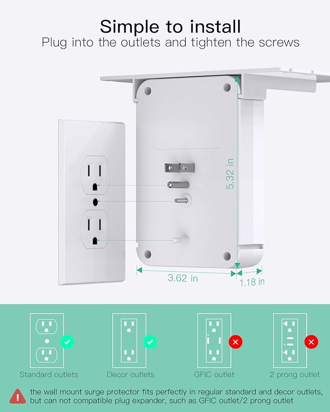 Outlet Extender with Shelf, Mifaso Surge Protector 6 AC Multi Plug Wall Outlets and 3 USB Ports, PD 20W USB-C Charger, Outlet Splitter for Bathroom Home