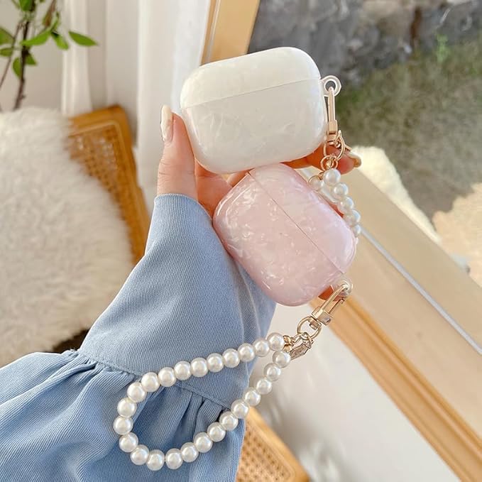 for Cute Glitter Airpods Pro 2nd/1st Generation Case with Cleaner Pen, Shell Pattern Airpods iPod Pro 2 Gen Cover Protective Skin Girl Women with Luxury Pearl Keychain 2023/2022/2019 - White