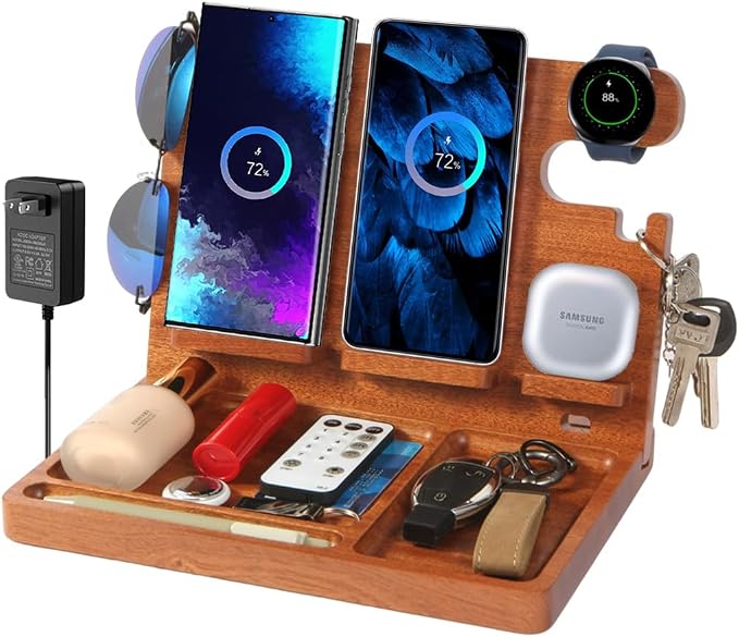 Desk Organizer with 4 Wireless Charging Station for Samsung Devices,27W Dual Wireless Charger Fast Charging for 2 Phones,Galaxy Watch 8/7/6/5/4/3/2,TWS box,Wood Phone Docking Station,Gifts for Men Dad