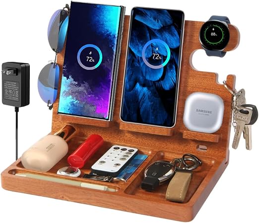 Desk Organizer with 4 Wireless Charging Station for Samsung Devices,27W Dual Wireless Charger Fast Charging for 2 Phones,Galaxy Watch 8/7/6/5/4/3/2,TWS box,Wood Phone Docking Station,Gifts for Men Dad
