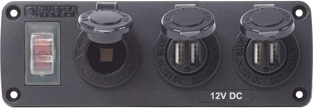 Blue Sea Systems 4365 Water-Resistant Accessory Panel - 15A Circuit Breaker, 12V Socket, 2X 2.1A Dual USB Chargers,Black