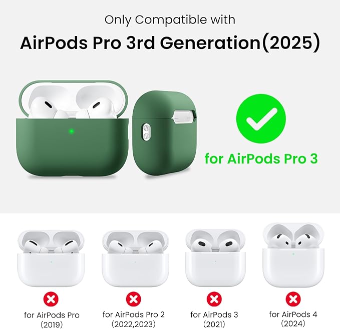 ORNARTO Compatible with AirPods Pro 3 Case 2025, Full Protective Hybrid Silicone for AirPods Pro 3rd Generation Case, Front LED Visible Skin Cover-Clover Green