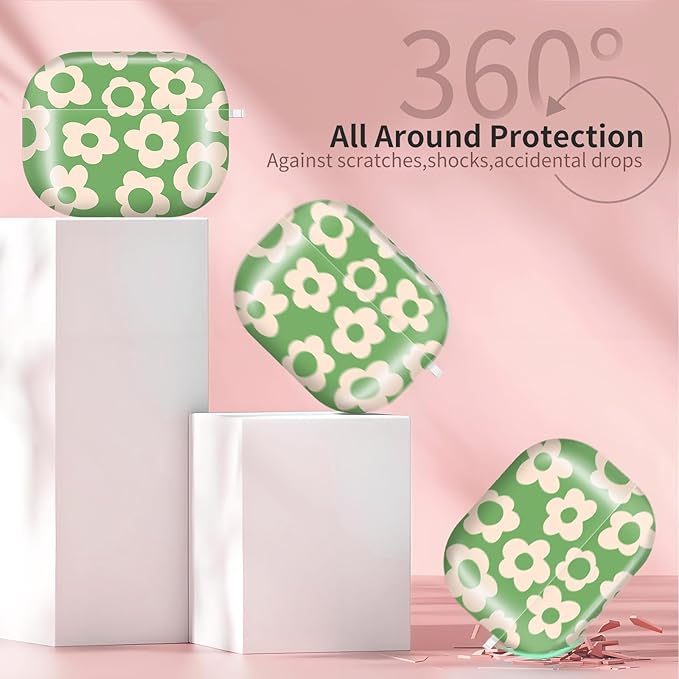 Compatible with AirPods Pro 3 (2025) Case, Airpod Pro 3 Protective Cover with Cute Golden Keychain for Girls & Women (Green Groovy Flower)
