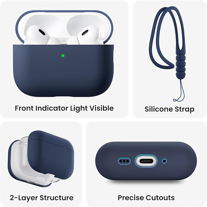 ORNARTO Compatible with AirPods Pro 3 Case 2025, Full Protective Hybrid Silicone for AirPods Pro 3rd Generation Case, Front LED Visible Skin Cover-Storm Blue